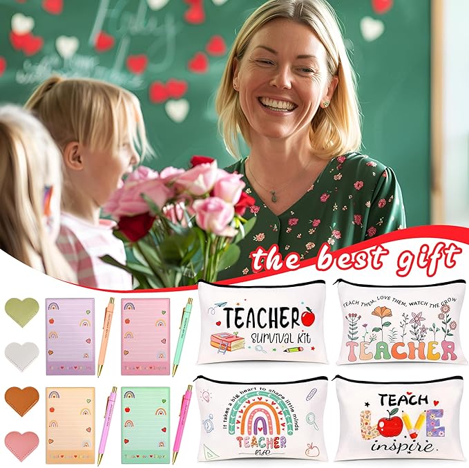 Teacher Appreciation Gifts Bulk, 16Pcs Gifts for Women with Teacher Survival Kit Makeup Bags, Bookmarks, Notepad and Pens, Christmas Valentines Gifts for Appreciation