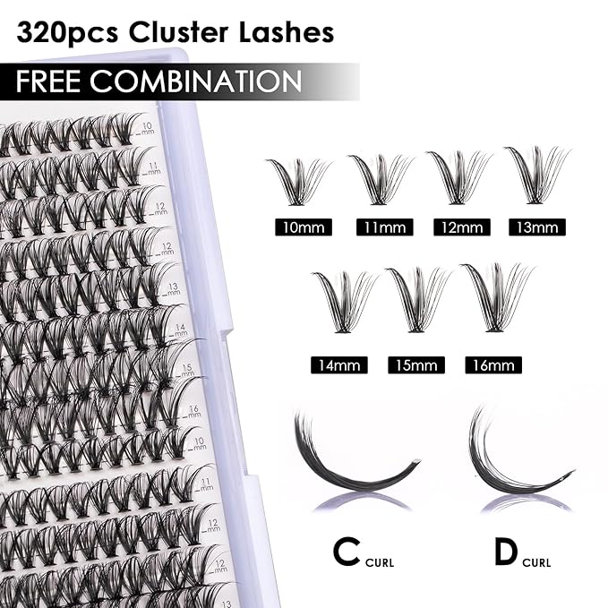 Lash Clusters 320pcs Individual Lashes 30D&40D DIY Lash Extensions Lash Clusters False Eyelashes Natural Look 10-16mm Mix Cluster Eyelash Extensions EASY TO USE (30D+40D-0.07D)