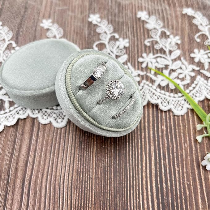 Velvet Oval Ring Box 3 Slots - Premium Wedding Three Rings Box Vintage Handmade Storage Jewelry Organizer for Proposal, Engagement, Wedding Ceremony, Christmas (Sage Green)