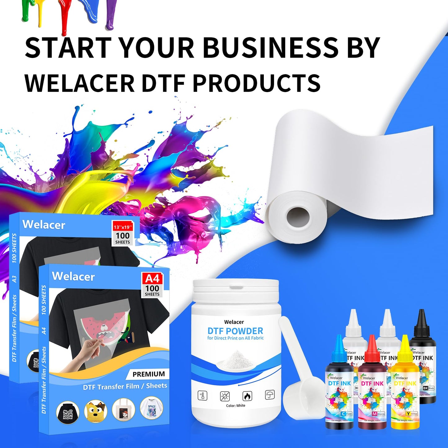Welacer DTF Transfer Film Roll 13 Inch x 328 FT for Double-Side Matte Clear Pretreat Sheets, PET Heat Transfer Paper for Inkjet Printer Direct Print on T Shirts Textile