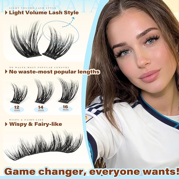 PHKERATA 12-14-16mm Fluffy Lash Clusters Wispy Eyelash Clusters for Volume, C Curl Fairy Cluster Eyelash Extensions, DIY Individual Lashes with Soft Thin Band