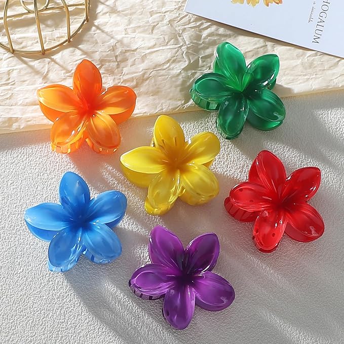 Flower Hair Clips for Women 6 Pcs Hawaiian Large Claw Clips Plumeria Medium Hair Claw Clips for Thick Thin Hair Hibiscus Tropical Beach Hair Accessories for Women Girls and Girls-Dark Color