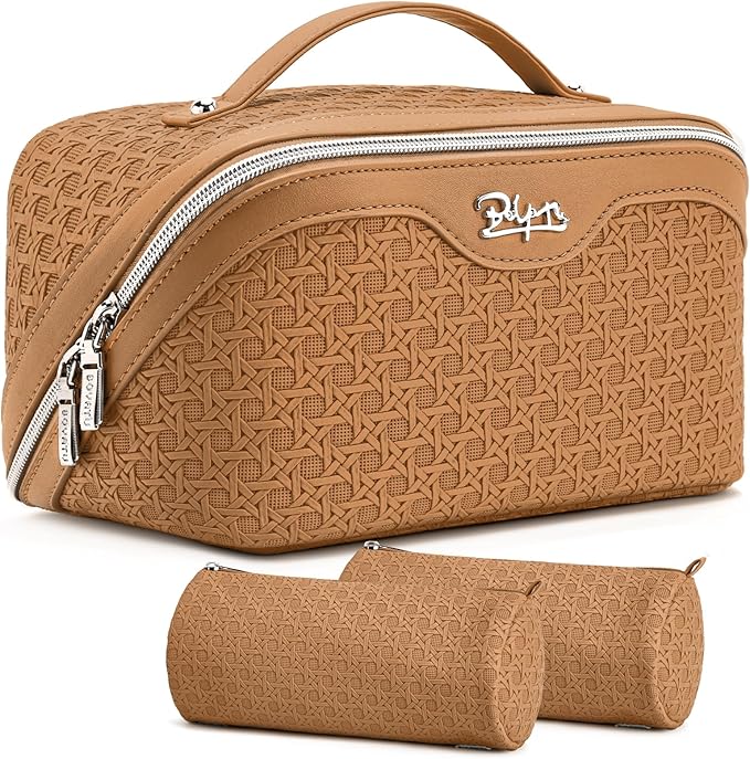 BOYATU Travel Makeup Bag Cosmetic Bags for Women: Large Capacity 3 Pcs Set Make up Bag with Compartments - Waterproof Vegan Leather Toiletry Organizer Bags with Handle (M-74Yellow Brown)