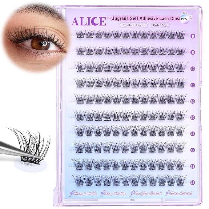 Self Adhesive Eyelashes Reusable Natural Self Adhesive Lash Clusters Wispy Press on Lashes Pre-Glue 8-12mm 120pcs C Curl DIY Eyelash Extensions Kit No Glue Needed by ALICE