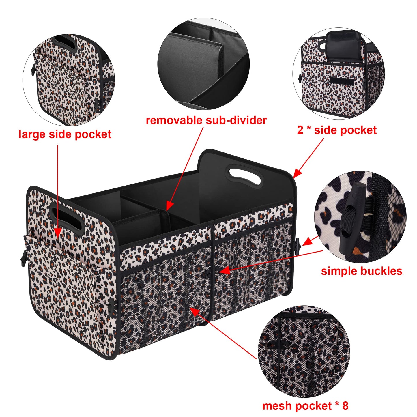 Femuar Car Trunk Organizer, Large Capacity Collapsible Trunk Storage with 11 Pockets, Waterproof, Non-Slip, Suitable for Car, SUV, Truck, Van, Jeep, Sedan, Leopard Print