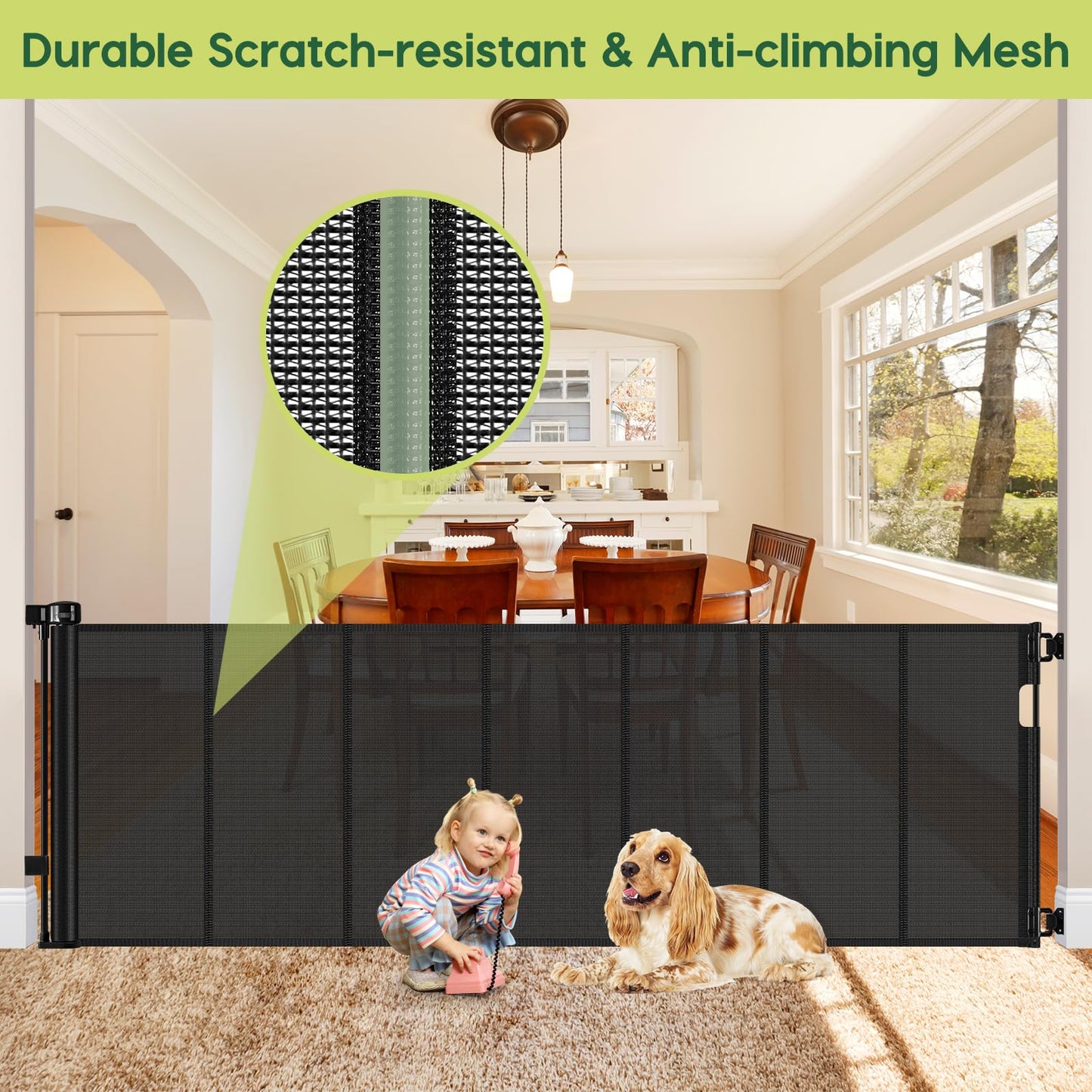 Reinforced 80 Inch Retractable Baby Gate Extra Wide Baby Gate for Wide Openings, Indoor/Outdoor Retractable Dog Gate for Doorway, Mesh Dog Gate Indoor Prevent Babies/Pets from Crawling Under, Black