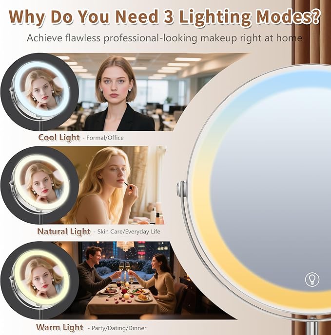 9" Magnifying Mirror with Light 1X/10X, Makeup Mirror with Light includes small mirror, 2000mAh Rechargeable, 360° Rotation, 3 Color Modes, Double-Sided, Ideal for Eyebrows, Lenses & Skincare