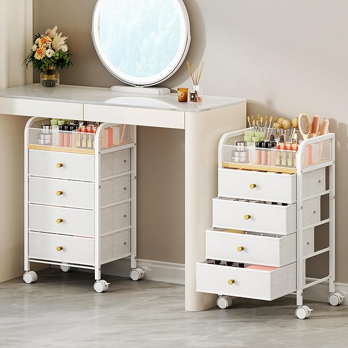 SWTYMIKI Rolling Makeup Organizer Cart - 14.96Ã¢ÂÂ³*11.81Ã¢ÂÂ³*27.55Ã¢ÂÂ³ Widened Under Desk Vanity Storage with 4 Non-woven Drawers, Cosmetic Display Cases for Skin Care Perfume Nail Polish Brush Hair Tool White
