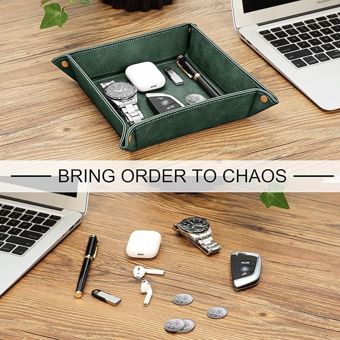 SITHON Valet Tray Desktop Storage Organizer Ã¢ÂÂ Premium PU Leather Catchall Bedside Vanity Tray Nightstand Caddy Holder for Keys, Phone, Wallet, Coin, Valentine's Day Gift, Dark Green