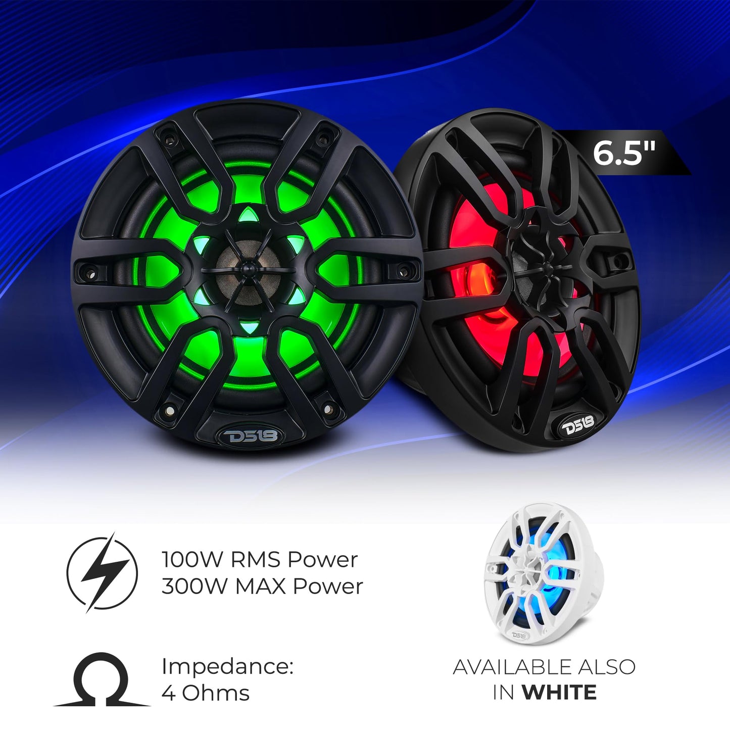 DS18 HYDRO NXL-6 - High End Coaxial Speaker Pair - 2-Way Marine Speaker w/Integrated RGB Lights - 300 Watt - 100% UV Stable - Water Resistant Speakers - 6.5 Inches, Black