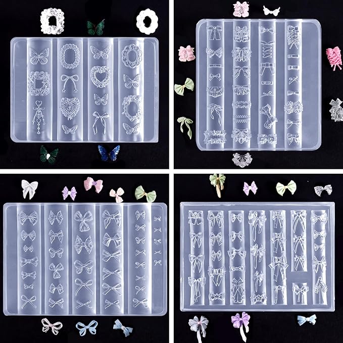 Laza 4pcs Silk Bowknot Silicone Nail Art Molds, Acrylic 3D Bowknot Nail Charms Molds Clear Modeling Templates Silicone Bow Pattern Nail Tools with Sculpture Pen for Salon Nail Design Resin Epoxy DIY