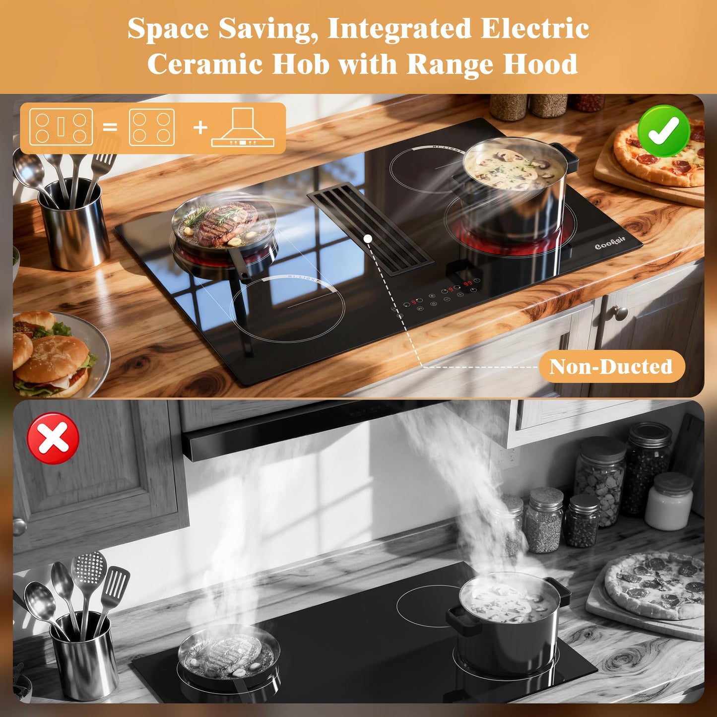 Cooksir 30 Inch Electric Cooktop with Ductless Downdraft - 4 Burner Built-in Stove 7400W, 30" Electric Stove Downdraft Range Hood 135W, Timer, Safety Lock, 220V Hard Wired, Recirculating Air Vent