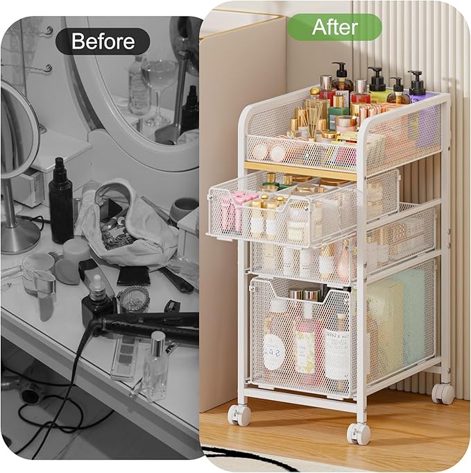 Hongtamoya Rolling Makeup Cart Organizer with 3 Drawers, Narrow Floor Skincare Organizers, Vanity Organizer Cosmetics Display Cases Holder for Skin Care Nail Polish Perfume Makeup Brush, White