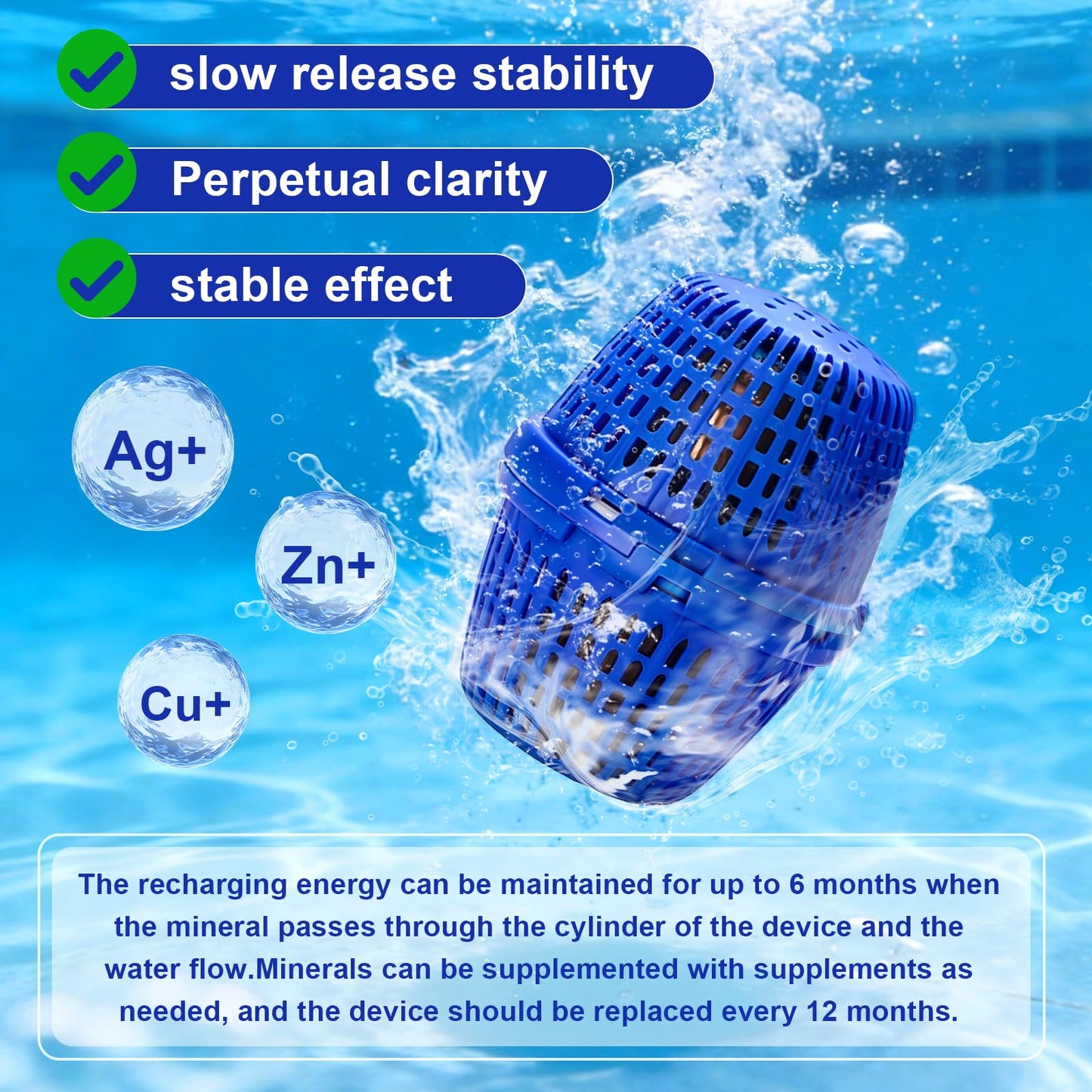 7.5k-20k Gallons Blue Pool Unit Replacement Mineral Cartridge for Pool RX,Compatible with Above Ground and Inground Pools Filter Replacement, up to 6 Months