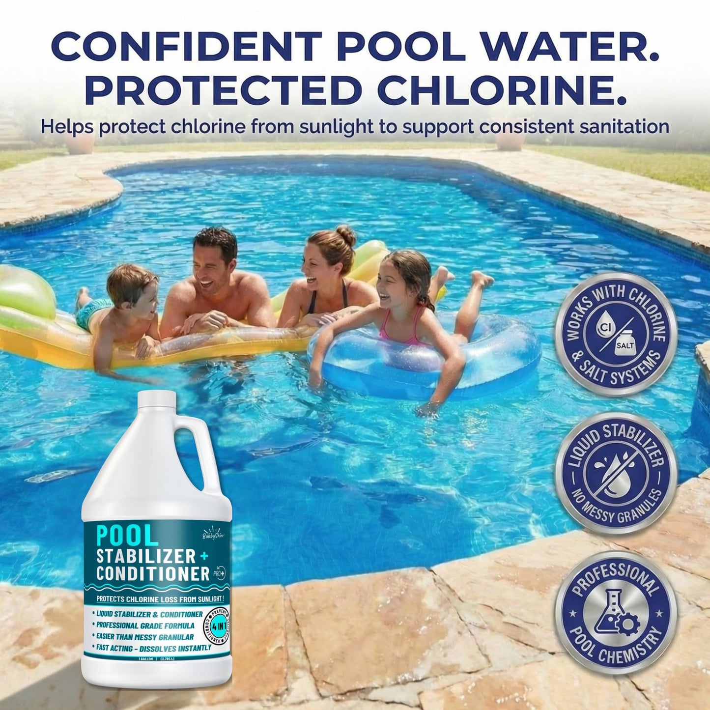BubbyShine, Pool Stabilizer - Cyanuric Acid Pool Stabilizer, Liquid Chlorine Stabilizer for Pool Chemicals, Swimming Pool Conditioner Stabilizer, for Salt Pool & Chlorine, 1 Gallon