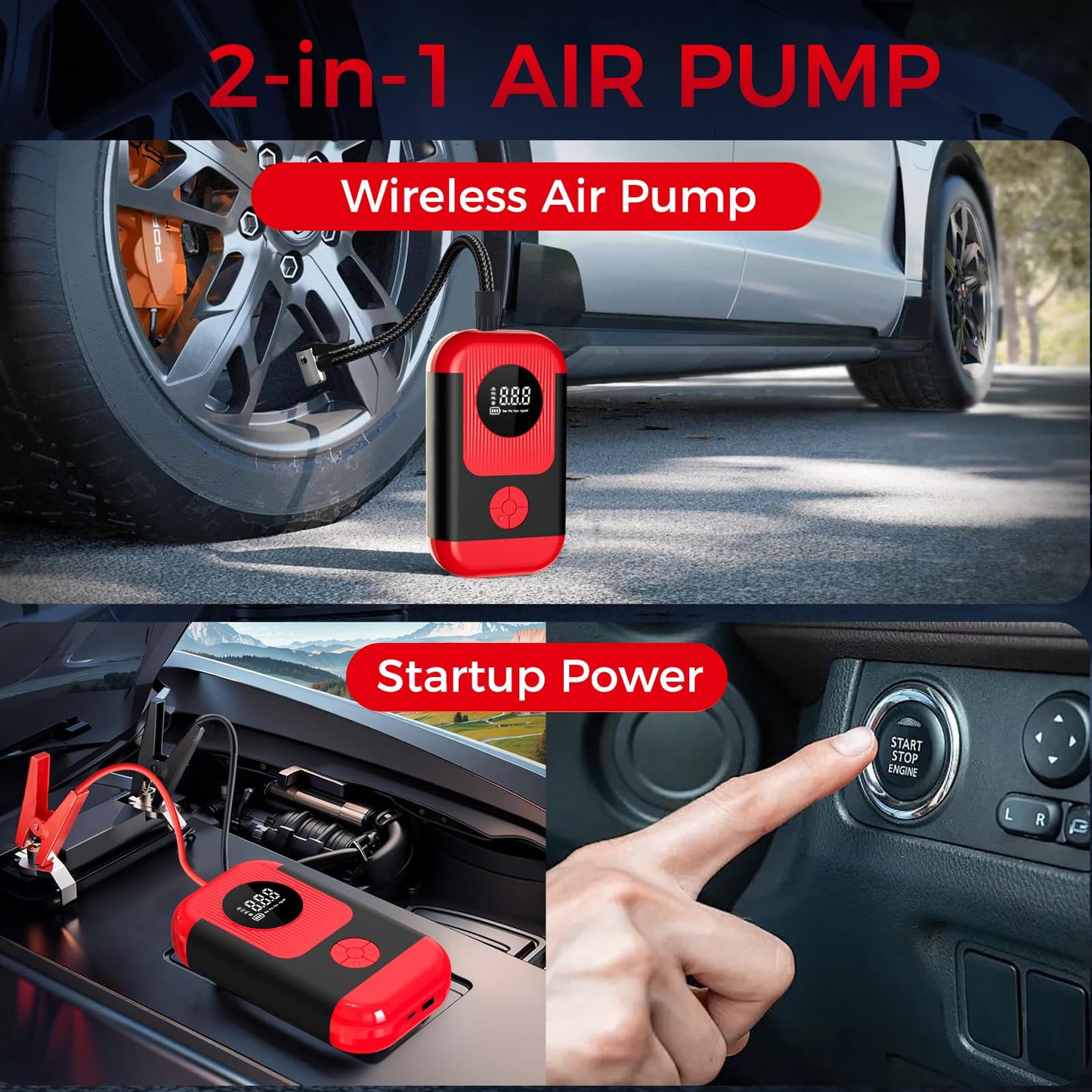 ApexNexus Tire Inflator Portable Air Compressor & Car Jump Starter, Cordless Air Pump with LED Light & Pressure Gauge for Auto,Motorcycles,Bikes,Balls.
