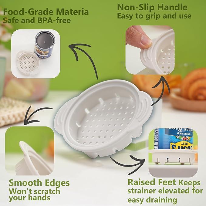 4 Packs Silicone Lids (3.0-inch & 3.5-inch) Bundle with 1 Pack Can Strainer | Can Strainer for Canned Food | Tuna Drainer | Reusable Can Lids | Dishwasher Safe | 5 PCs Canning Duo