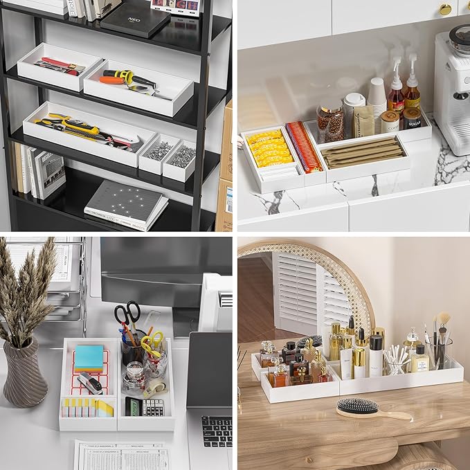 Lixple Bamboo Drawer Organizer, Cutlery Silverware Organizer for Kitchen Drawer, Stackable Utensil Organizer, 2 Pcs Flatware Organizer, Wooden Storage Box Tray (White, 9 X 6 X 2 Inch)
