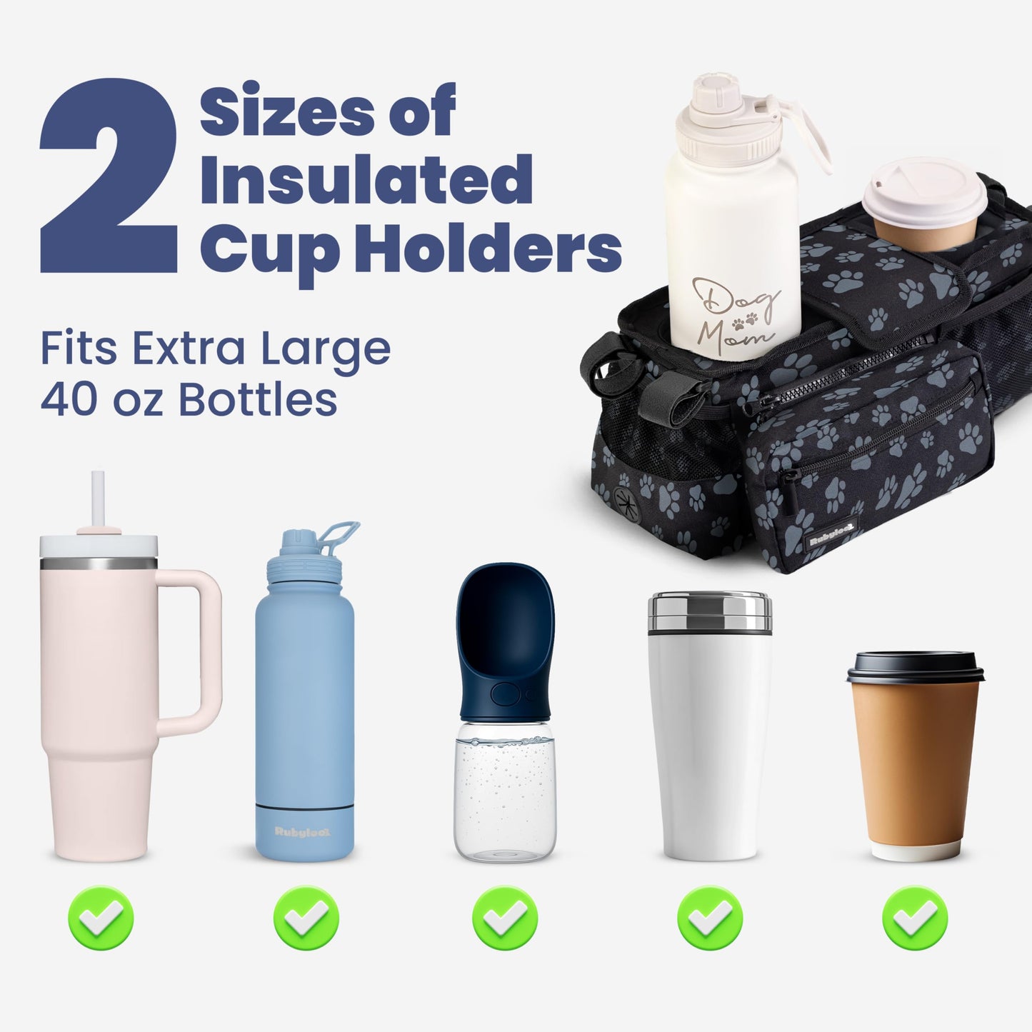 Dog Stroller Caddy Organizer with Poop Bag Dispenser, Treat Pocket, Water Bowl – Dog Stroller Accessories with Insulated Cup Holders, Pet Storage & Non-Slip Fit for 14"-19" Wide Handlebars - Paws