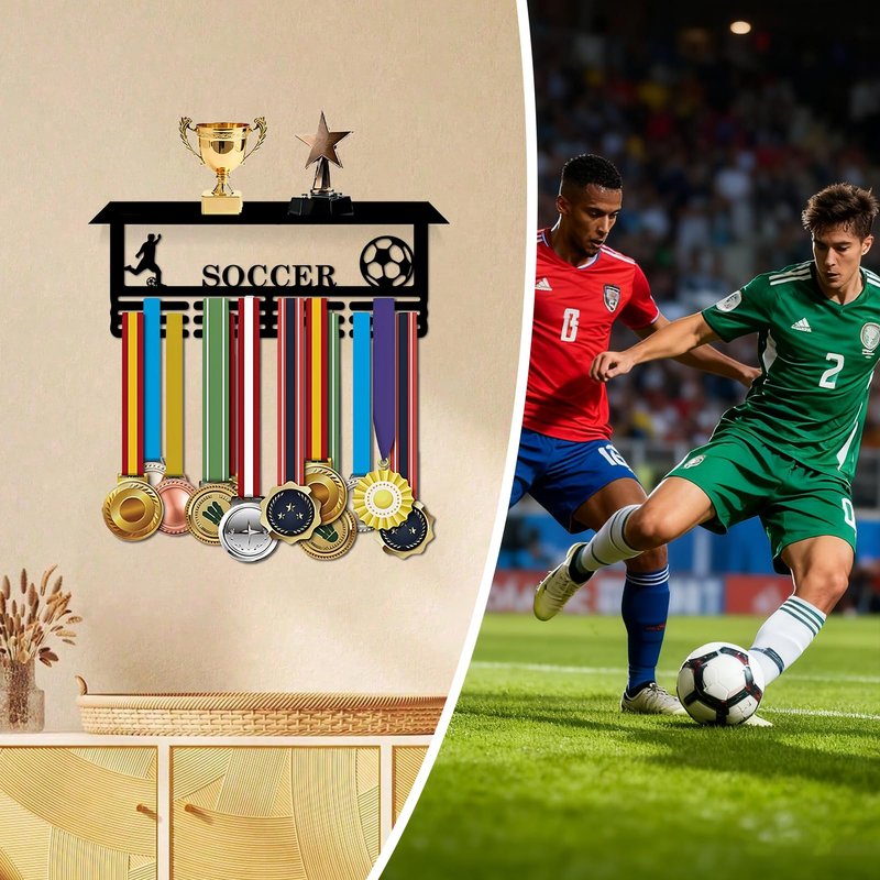 Resama World Cup Soccer Medal Hanger Holder Display Rack with Trophy Shelf, Holder for Awards Ribbons Personalized Medal Sports Themed Race Ribbon Holder for Wall Metal Display for Men Boy Girl Kid