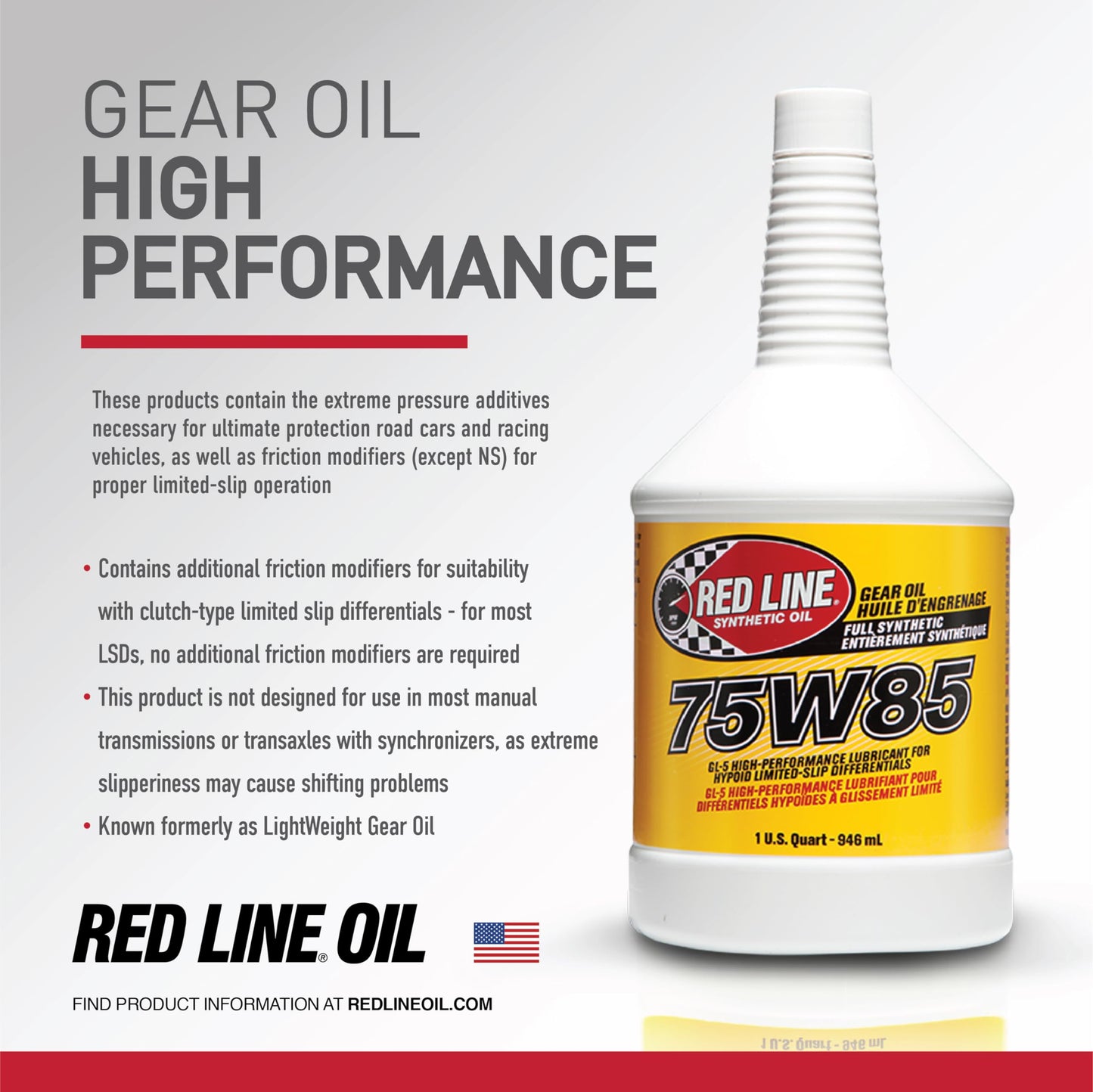 Red Line 50105 75W85 GL-5 Full Synthetic Gear Oil for Hypoid Limited Slip Differentials - 1 Gallon (2 Pack)