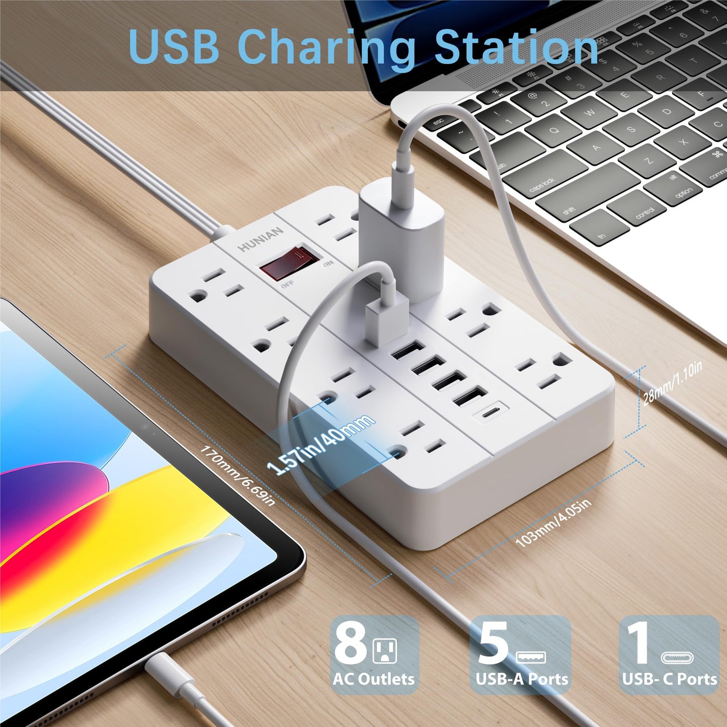 Power Strip with USB, Flat Plug Extension Cord with Multiple Outlets 5 Ft, HUNIAN Power Strip with 8 Widely Spaced Outlets 6 USB Charger (1 USB C Port), Desk Charging Station for Home Office, White