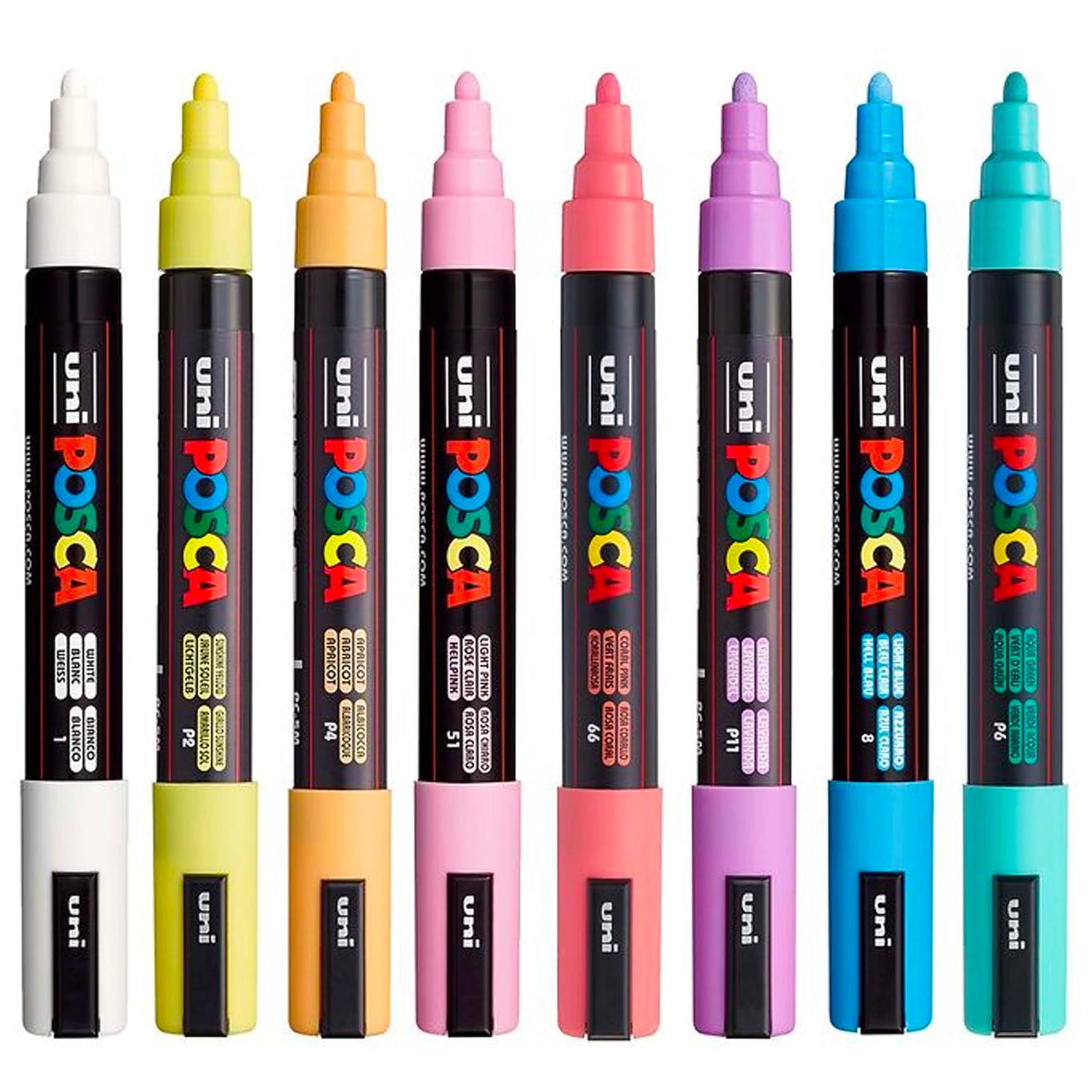 Posca Markers Set, 8 Medium Paint Markers 5M – Soft Tones – White, Sunshine Yellow, Apricot, Light Pink, Coral, Lavender, Light Blue, Aqua Green
