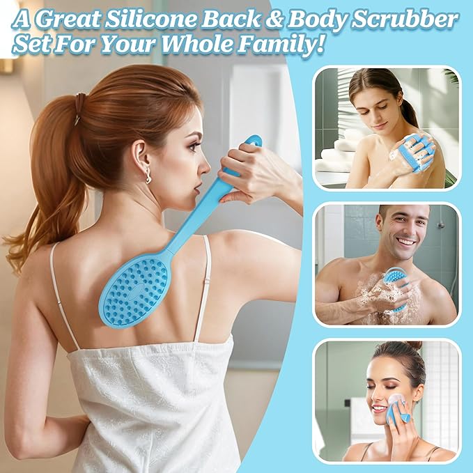 Silicone Back/Body/Face Scrubber & Soft Bath Glove Set 4PCS, Gentle Exfoliating Back & Body Scrubber with Dual-Side Brush Head, Hand-fit Bath Glove & Face Scrubber for Deep Cleaning(Blue-4PC)