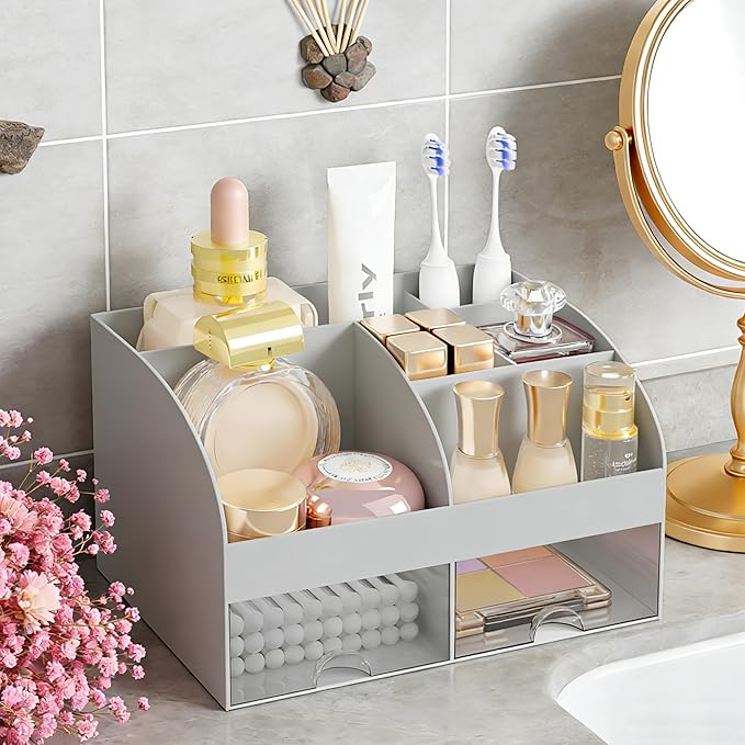 Makeup Organizer with 2 Drawers, Cosmetic Storage for Dresser Vanity and Bathroom Countertop,Make up organization and Skincare Storage with Beauty Brush Holder, Cosmetic Display Case (Grey)