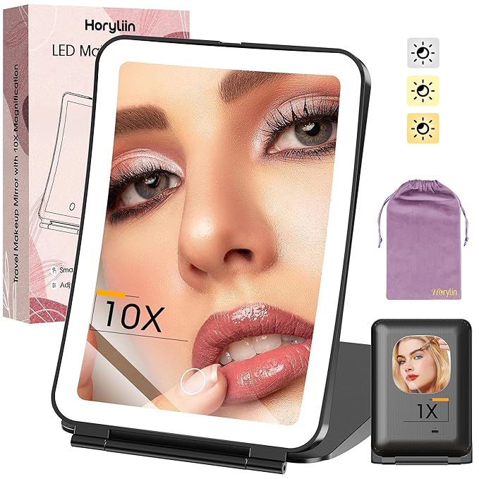 Travel Makeup Mirror with Lights and Magnification, 10X/1X Magnifying Vanity Mirror with 3 Colors & Brightness Adjustable, 2000 mAh Rechargeable Lighted Compact Mirror, Women Gift (Black)