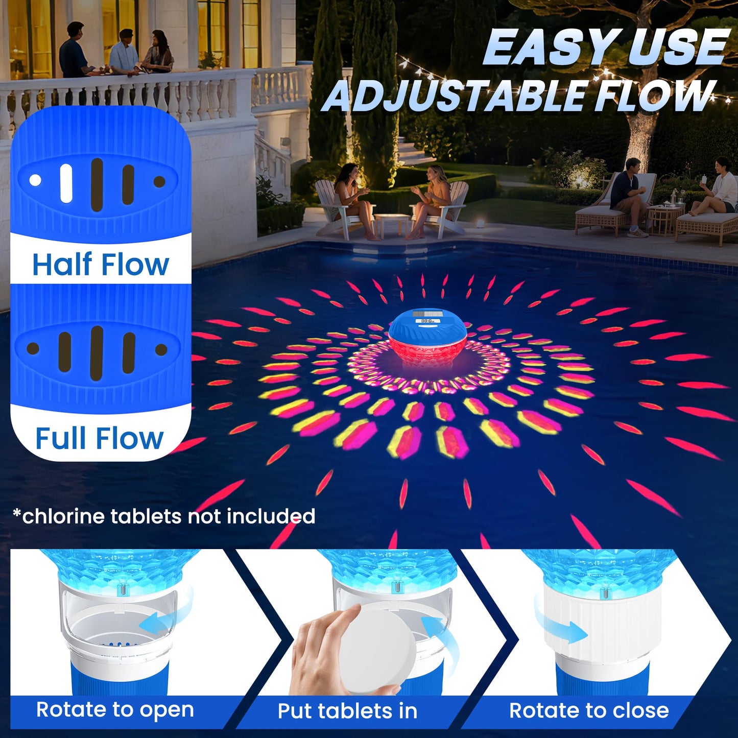 FineBud 2026 Upgraded Pool Chlorine Floater with Thermometer, Digital Screen Pool Chlorine Floater,Solar Pool Chlorine Floaters with Light, Button Control Floating Chlorine Dispenser for Pool (Blue)