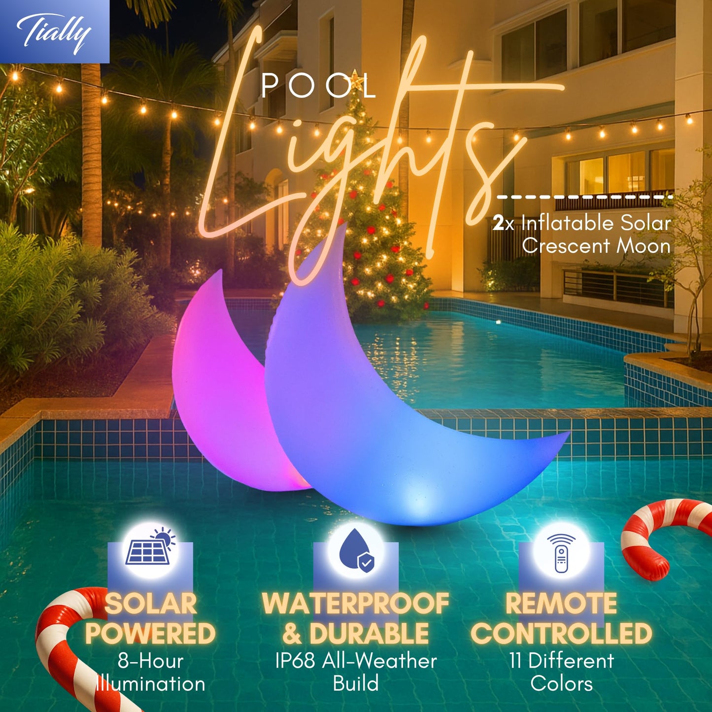 TIALLY Floating Pool Lights Solar Powered - 24" Crescent Moon Floating Pool Decorations, Floating Solar Pool Lights for Swimming Pool, Weddings, Pool Party Decor (2 Pack)