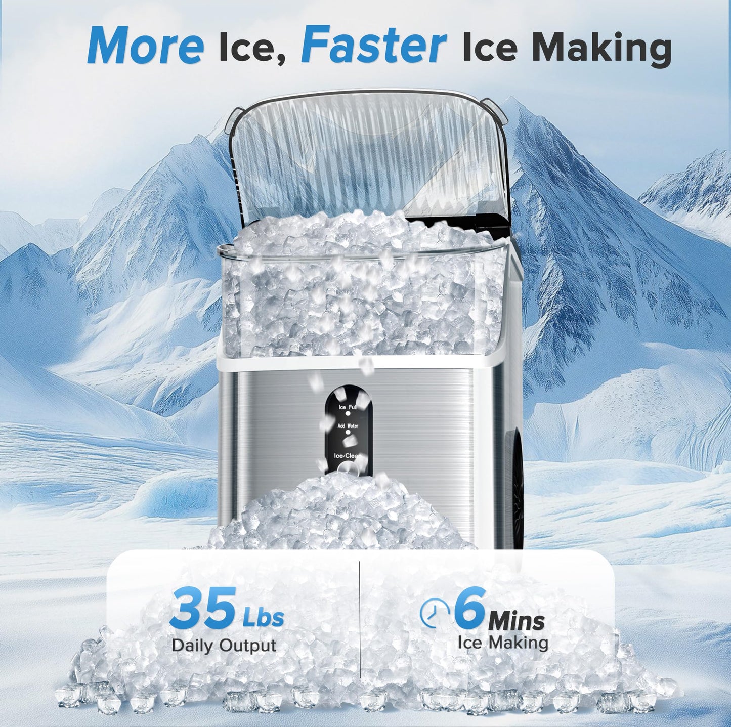 Electactic Nugget Ice Maker Countertop with Handle, 34lbs/24H, Portable Pellet Ice Machine, Soft Chewable Ice, Self-Cleaning, One-Touch Operation for Home, Party, Office, Gift Idea (Black)