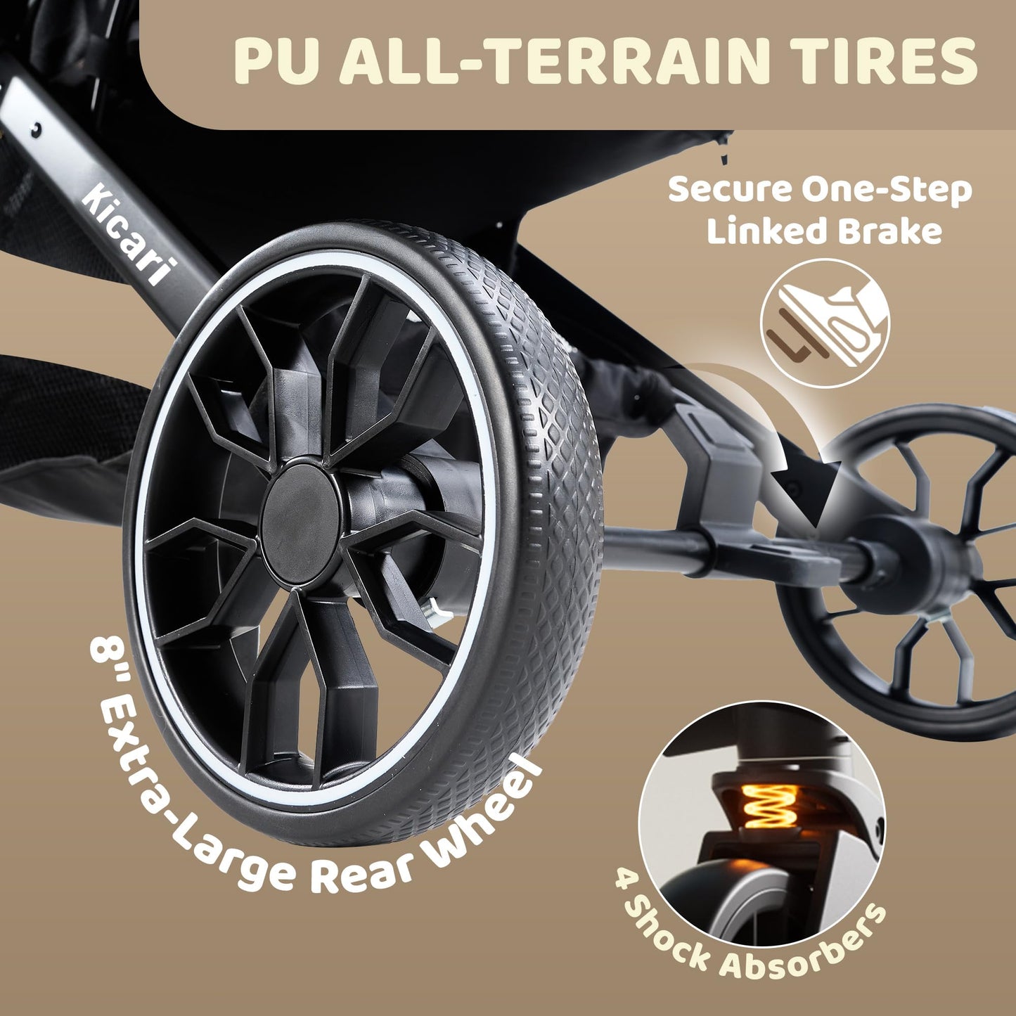 Kicari All-Terrain Dog Stroller for Small to Medium Dogs, Pet Stroller for Dogs & Cats Outdoor Walks, One-Hand Easy Fold, Double-Layer Anti-UV & Waterproof Canopy & Breathable Mesh, Mocha Brown