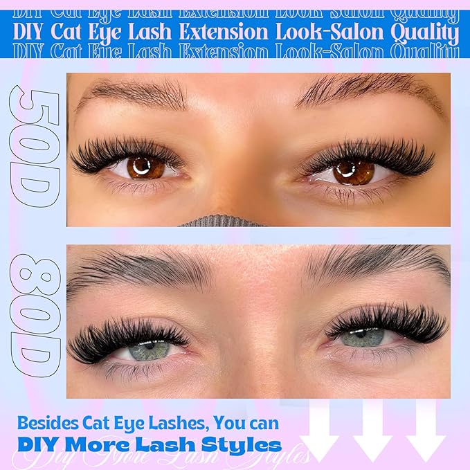 Yawamica Lash Extension Kit 50D 80D Cat Eye Lashes Clusters Kit 7-16mm Wispy Cluster Eyelash Extensions Kit D Curly Eyelash Clusters 240pcs Individual Lashes with Bond and Seal Lash Tweezers DIY Lash