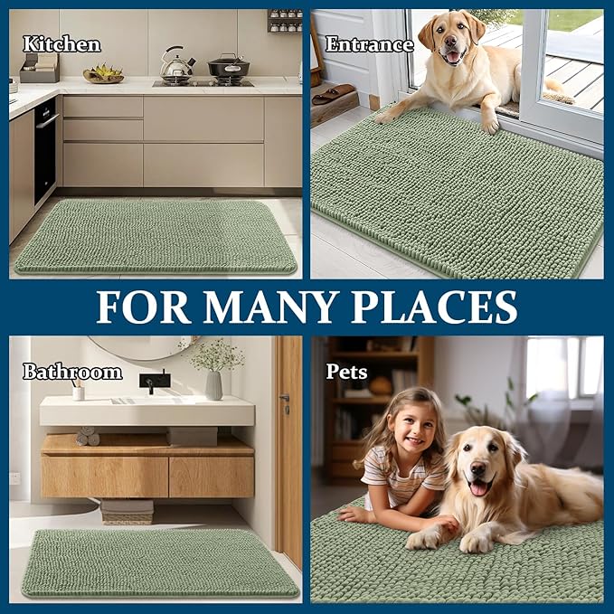 OLANLY Dog Door Mat for Muddy Paws 50x30, Absorbs Moisture and Dirt, Absorbent Non-Slip Washable Doormat, Quick Dry Chenille Mud Mat, Entry Indoor Entryway Carpet for Inside Floor, Sage Green