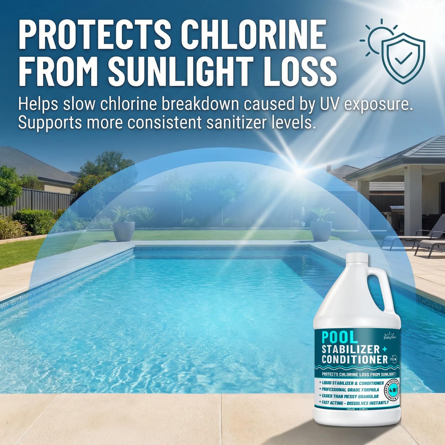 BubbyShine, Pool Stabilizer - Cyanuric Acid Pool Stabilizer, Liquid Chlorine Stabilizer for Pool Chemicals, Swimming Pool Conditioner Stabilizer, for Salt Pool & Chlorine, 1 Gallon