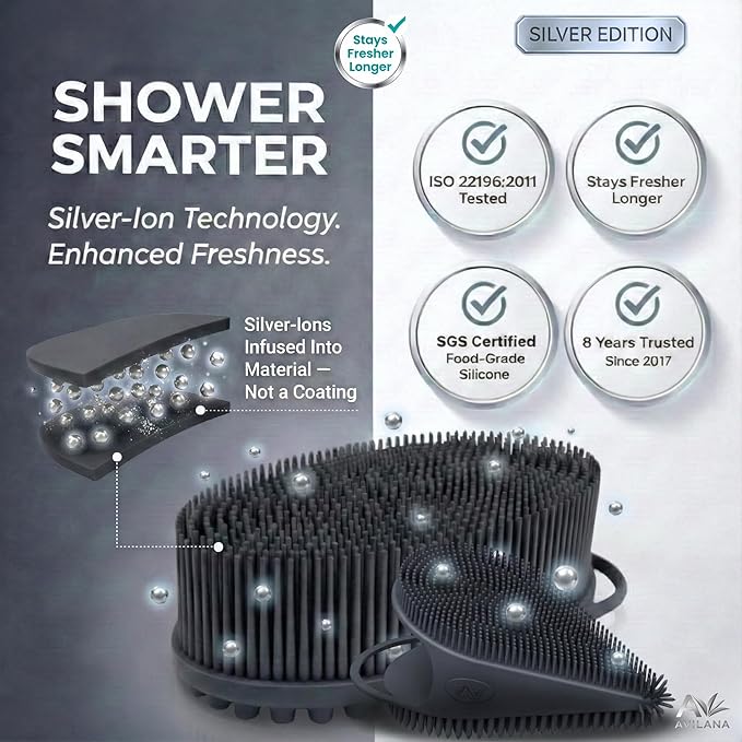 Avilana Silver Edition Body Scrubber and Face Brush Set - Silver-Ion Infused Silicone 2-in-1 Kit, ISO Tested Both Pieces, Stays Fresher Longer Gentle Exfoliating Sensitive Skin Women Men Gift Skincare