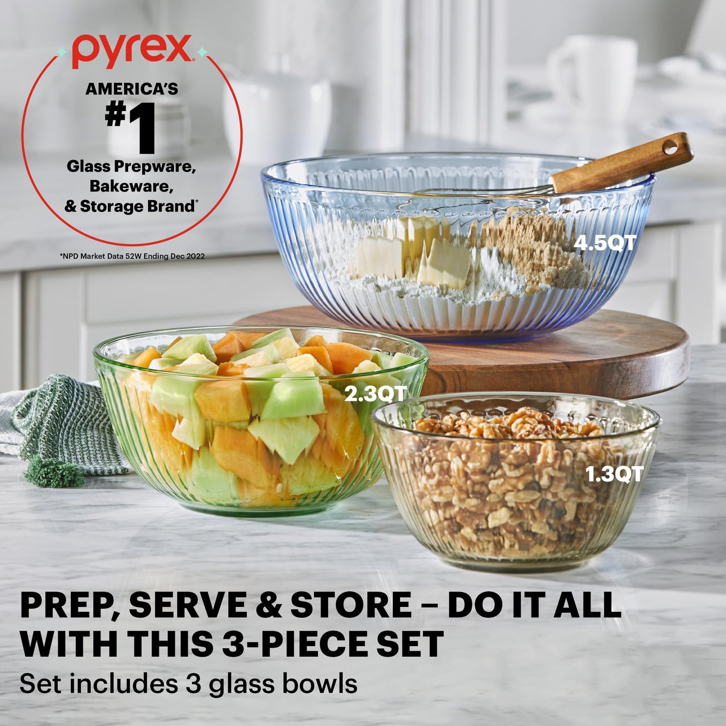 Pyrex Colors Tinted 6-PC Full Set, Small/Medium/Large Glass Mixing Bowls With Lids, Nesting Space Saving Set of Bowls For Prepping and Baking, 1.3QT, 2.3QT & 4.5QT
