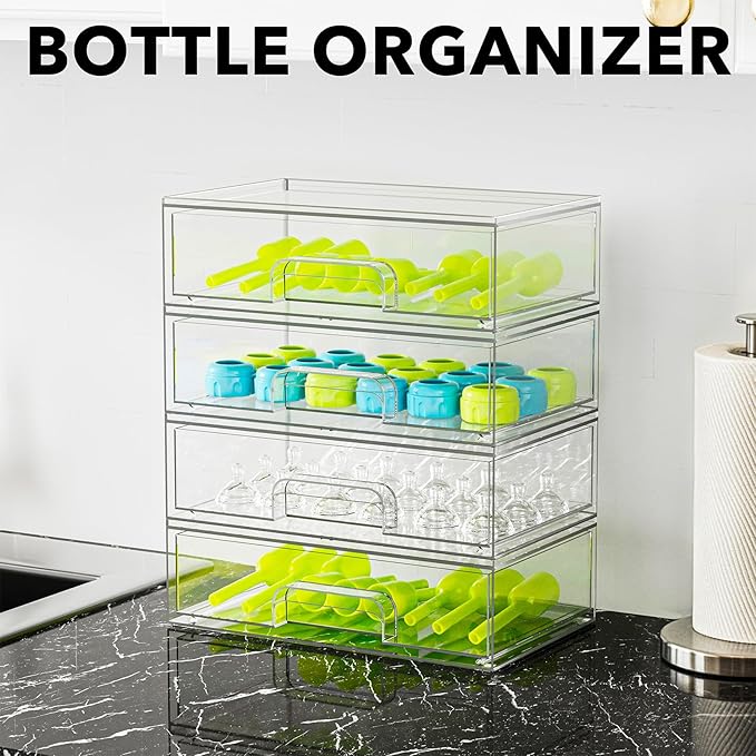 SpaceAid Bottle Storage Organizer Baby - Acrylic Bottles Station Organizer Container, Stackable Clear Drawers for Countertop, Vanity, Bathroom, Cabinet, Pantry Organization, 4 Pack, 4L, 13.7"H