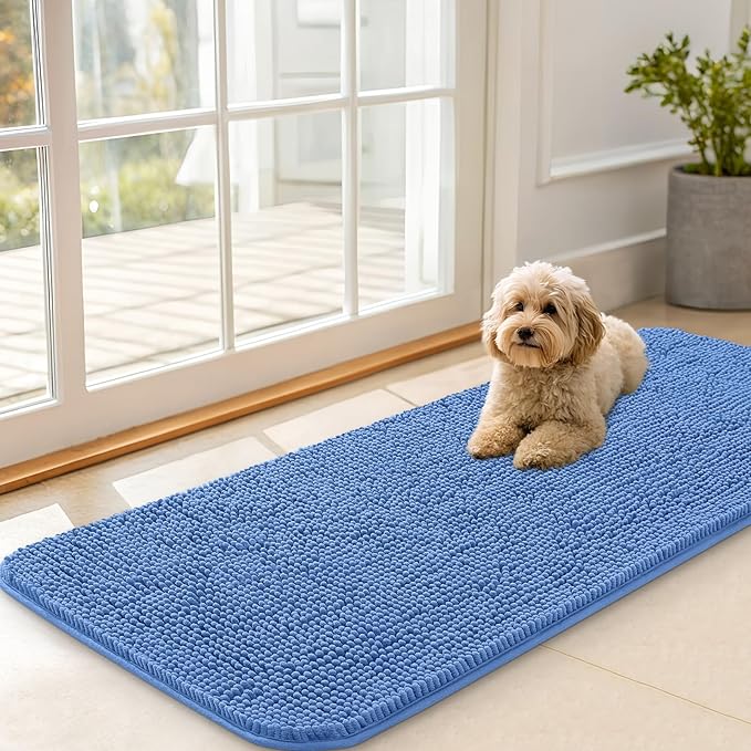 OLANLY Dog Door Mat for Muddy Paws 47x20, Absorbs Moisture and Dirt, Absorbent Non-Slip Washable Doormat, Quick Dry Chenille Mud Mat, Entry Indoor Entryway Carpet for Inside Floor, Cornflower Blue