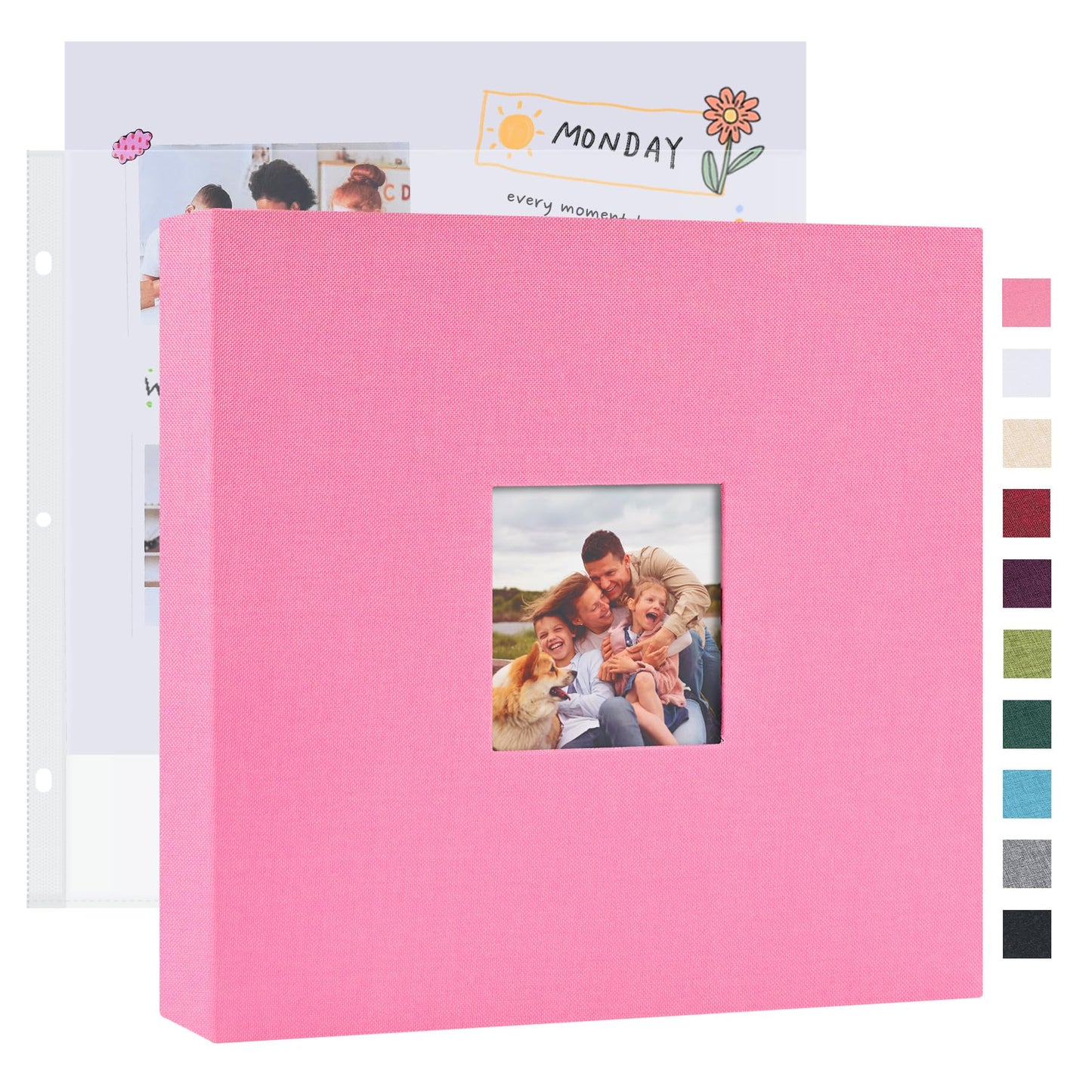 Mublalbum 12x12 Inch DIY Scrapbook Photo Album with 20 Plastic Sleeves 40 Pages Linen Cover 3 Ring Folder Binder for Wedding Baby Family and DIY Projects (Pink)