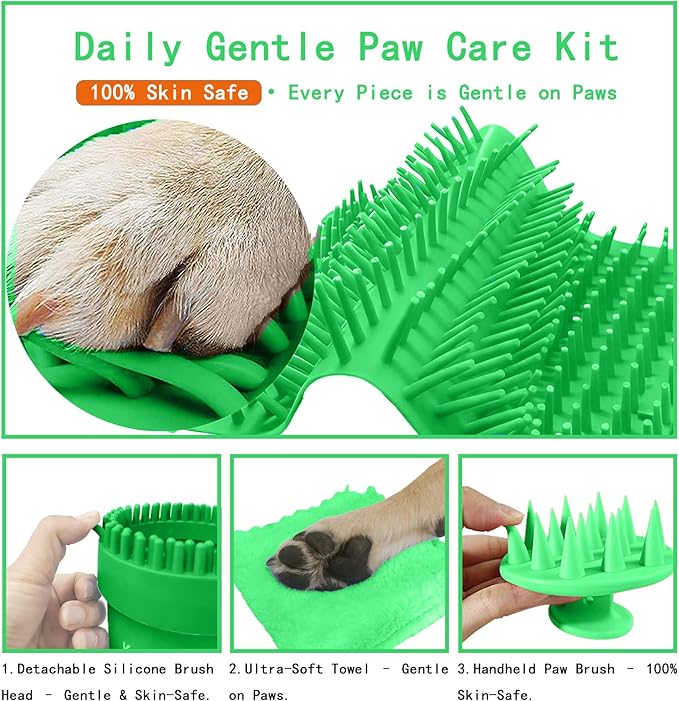 Dog Paw Cleaner Kit for Medium & Small Dogs - Quick Clean No Full Bath, 2-in-1 Paw Wash Cup with Detachable Silicone Brush Head, Includes Bath Brush & 3 Absorbent Towels, Green