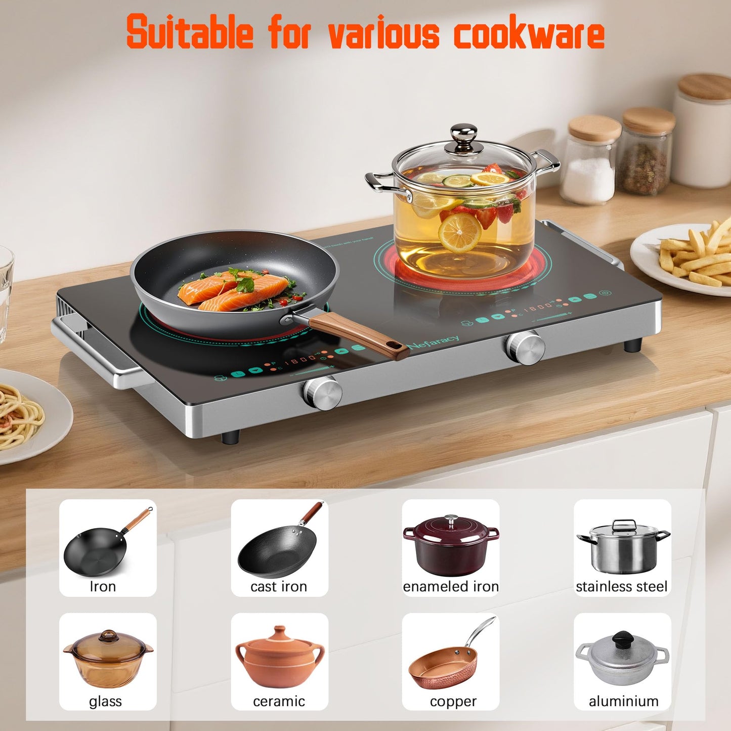 2 Burner Electric Cooktop 24 Inch, 110V 2000W Portable Electrics Stove Top with Handle, 9 Power Settings, Senor Touch & Knob Control, Safety Lock, Timer, 110-120V Plug in (2 Burner Green)