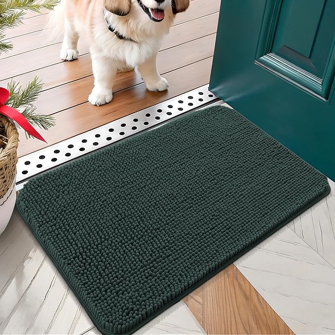 OLANLY Dog Door Mat for Muddy Paws 30x17, Absorbs Moisture and Dirt, Absorbent Non-Slip Washable Doormat, Quick Dry Chenille Mud Mat, Entry Indoor Entryway Carpet for Inside Floor, Blackish Green