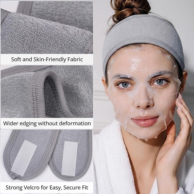 Spa Headband Velcro 3-Pack - Adjustable Terry Cloth Spa Headbands for Women, Facial Headband for Washing Face, Skincare, Makeup & Shower (Gray, White, Black)