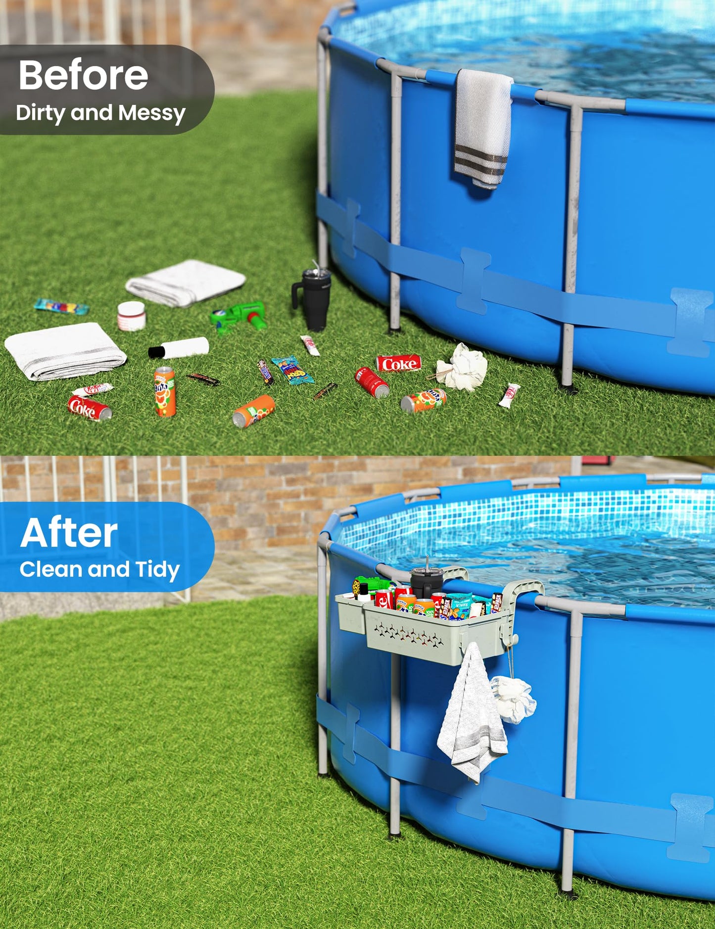 SUMMERBUDDY 2 Sets Upgrade Poolside Storage Basket, Above Ground Pool Storage Basket with Pool Cup Holder, For Steel Round or Oval Frame Above Ground Pools, Fits 3 Inch or Less Top Rail