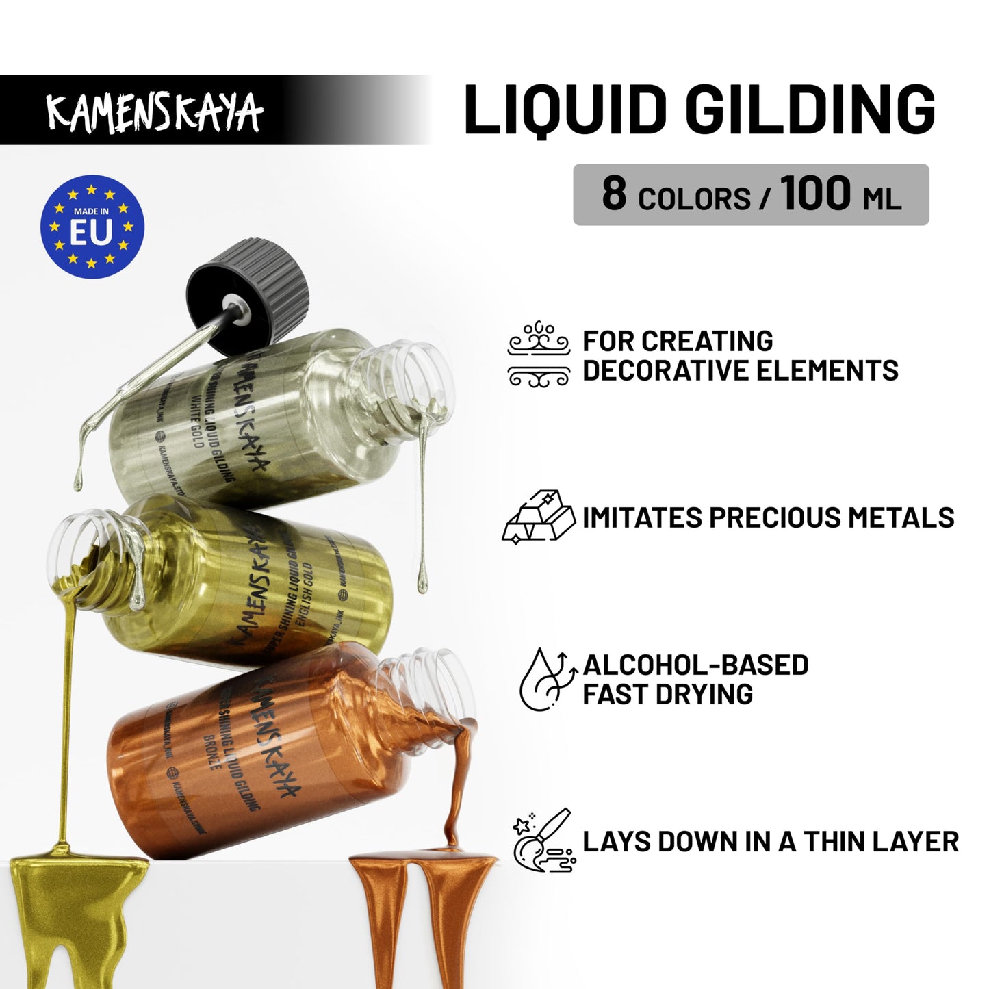 KAMENSKAYA Liquid Gold Leaf Paint - Alcohol Based Fast Drying Warm Brass Liquid Leaf, 3.38 fl oz (100 ml)