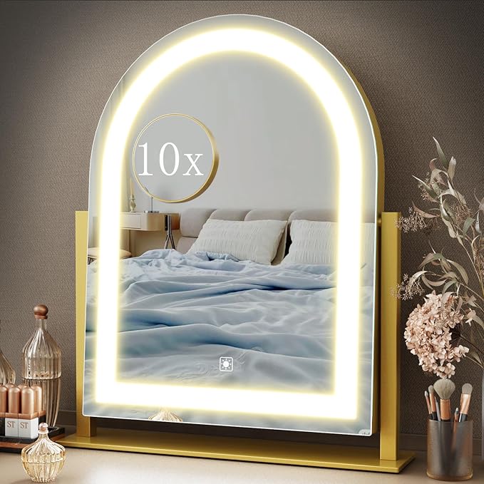 Vanity Mirror with Lights, 15.2’’ LED Makeup Mirror Detachable 10X Magnification, Smart Touch Control, 3 Color Lighting Modes,360°Rotation Tabletop Make Up Mirror for Bedroom Bathroom(Curved)