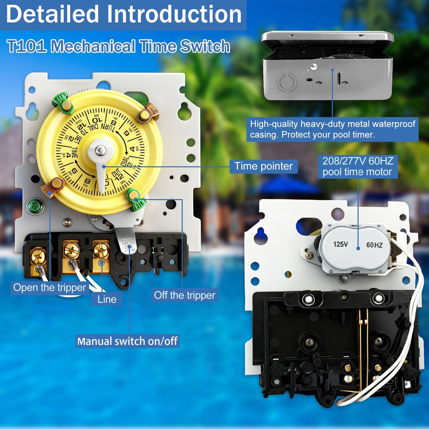 T101 Mechanical Timer Switch, T101 Pool Timer, 120V 2HP SPST 40A Time Switch, 24 Hour 12 ON/Off for Pool Pump, Heavy-Duty Mechanical Time Switches, for Lights Pumps HVAC Systems, 5 Years Warranty